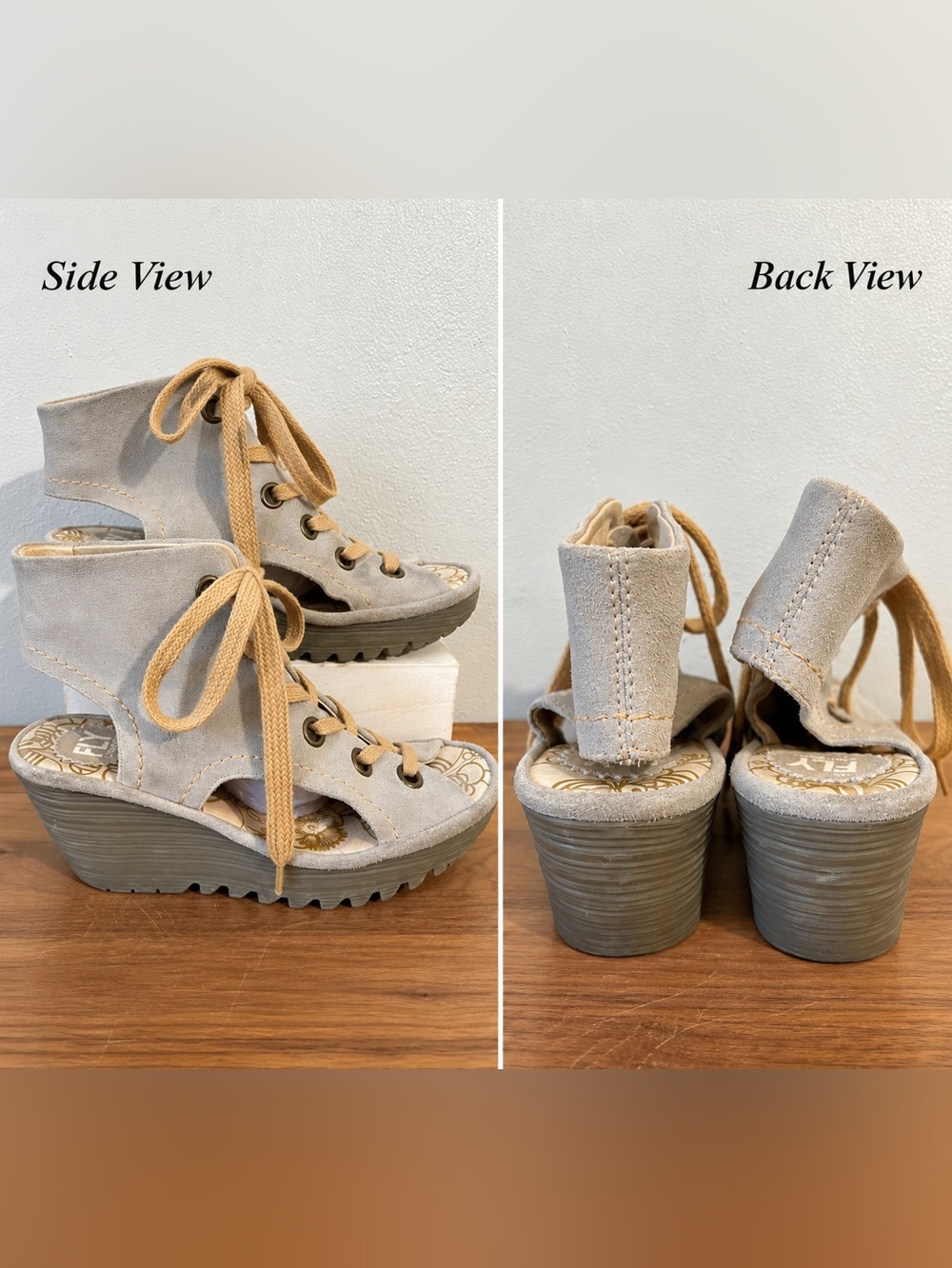 Fly London Boho Festival Lace Up Wedge Sandals Gray Suede US 8 8.5 Platform Euro